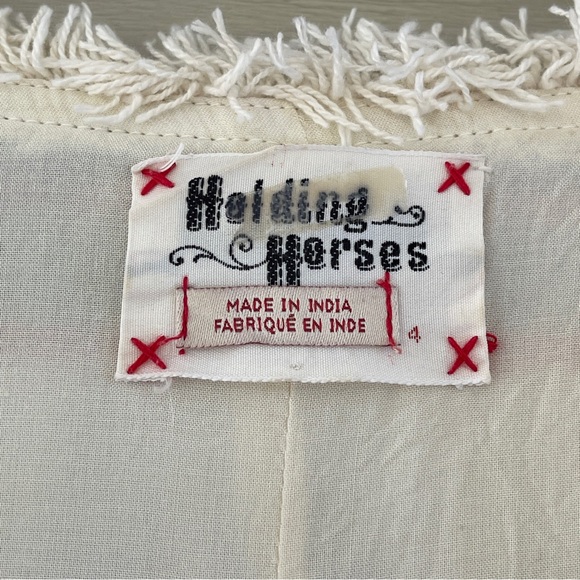 Anthropologie Holding Horses Stripe Cream Blue Fringe Shift Dress Size 4 - Picture 4 of 14